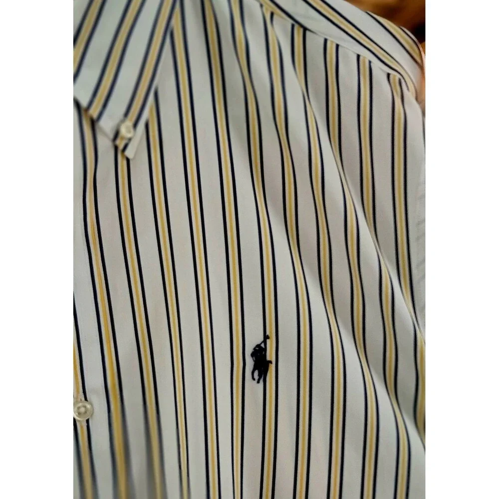 Lauren Ralph Lauren Cream Striped Button-Down Shirt with Blue and Tan Stripes